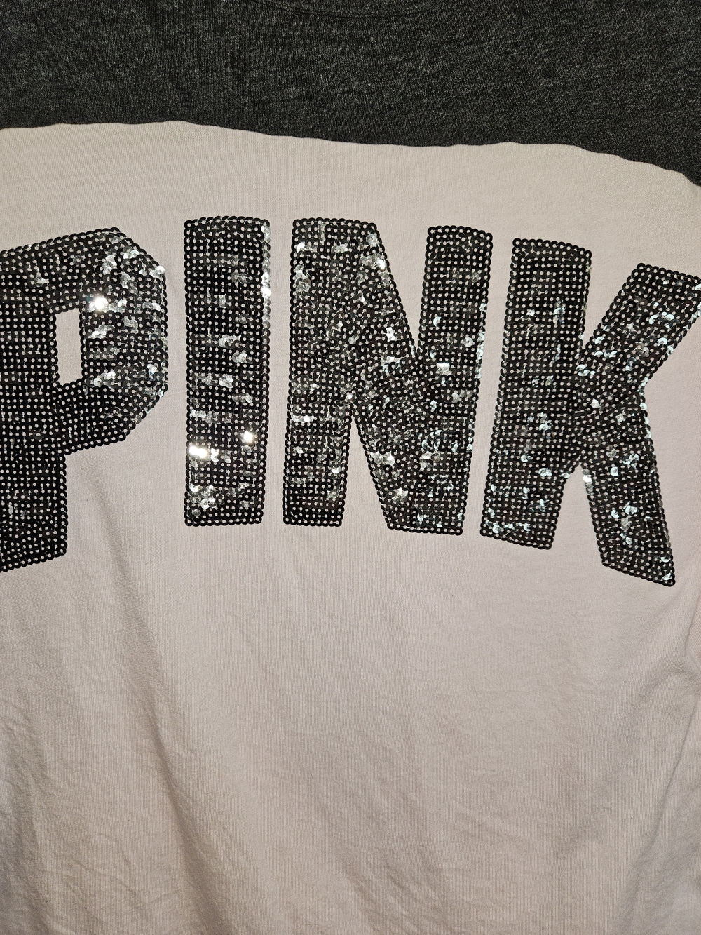 PINK Sequin Logo Colorblock Tee Pink Charcoal T-Shirt Short Sleeve Womens Large - Picture 4 of 9